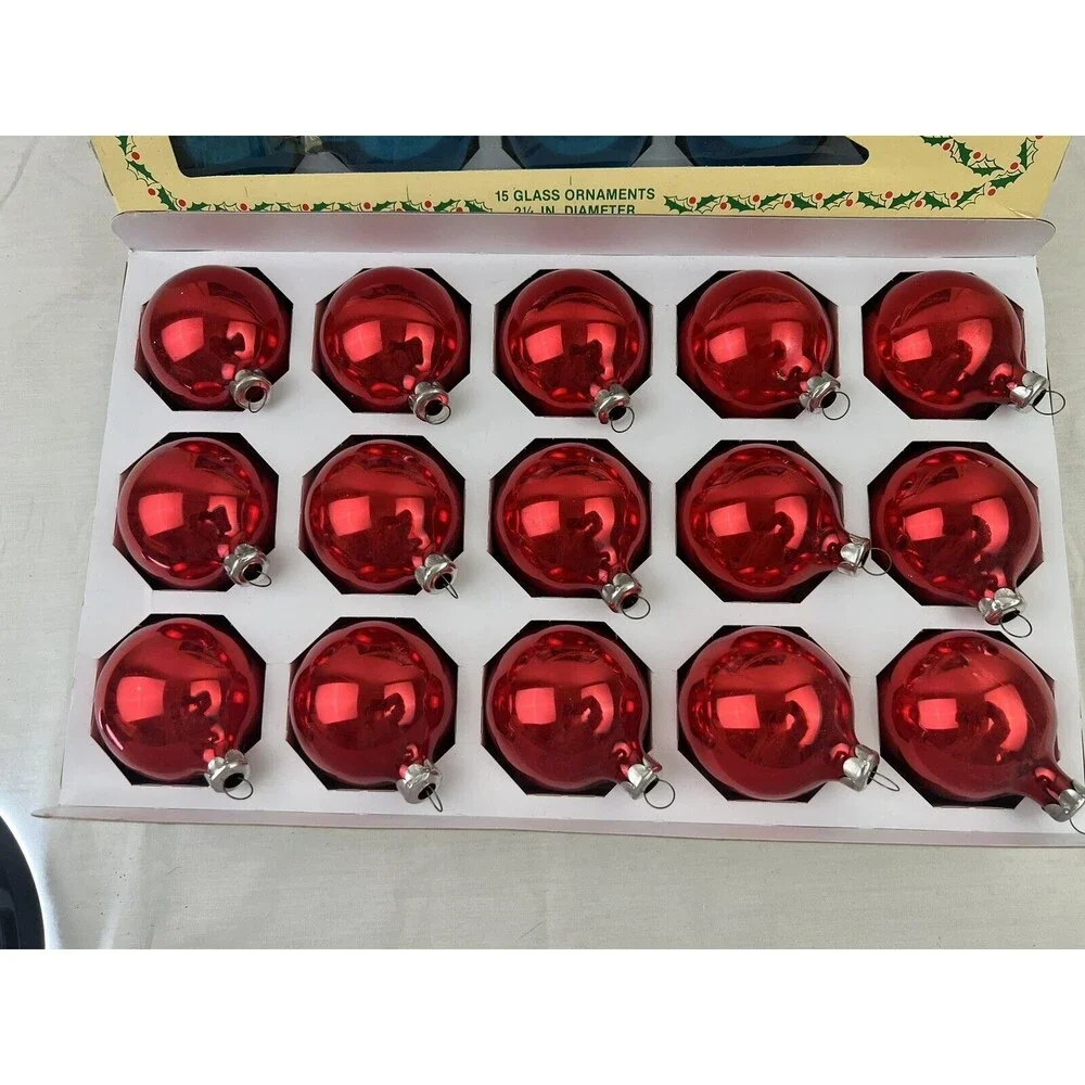 2 Pack VTG Holly Value‎ Pack 15 Glass Ornaments 2.25” Diameter Red Blue USA Made